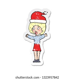 retro distressed sticker of a cartoon woman wearing xmas hat