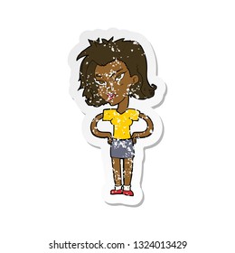 retro distressed sticker of a cartoon woman with hands on hips
