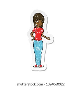 retro distressed sticker of a cartoon woman explaining