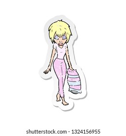 retro distressed sticker of a cartoon woman going to bed