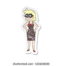 retro distressed sticker of a cartoon woman wearing mask