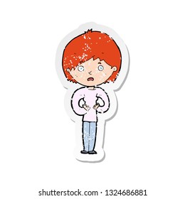 retro distressed sticker of a cartoon woman making Who Me gesture