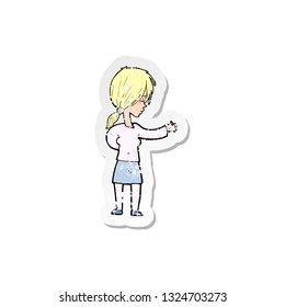 retro distressed sticker of a cartoon woman gesturing