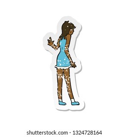 retro distressed sticker of a cartoon woman waving