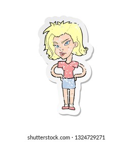 retro distressed sticker of a cartoon woman with hands on hips