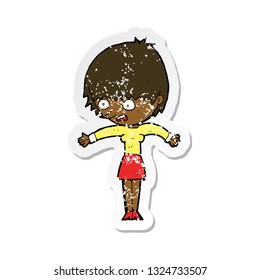 retro distressed sticker of a cartoon woman panicking