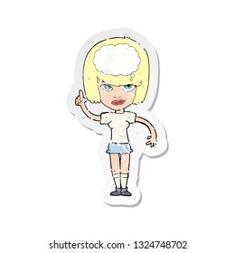 retro distressed sticker of a cartoon woman with idea