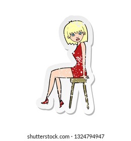 retro distressed sticker of a cartoon woman sitting on stool