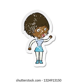 retro distressed sticker of a cartoon woman waving