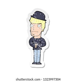 retro distressed sticker of a cartoon worried man wearing hat