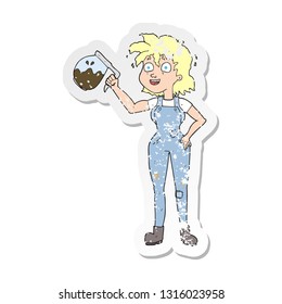 retro distressed sticker of a too much coffee cartoon