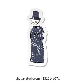 retro distressed sticker of a spooky skeleton man in top hat