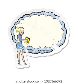 retro distressed sticker of a woman with text space cloud