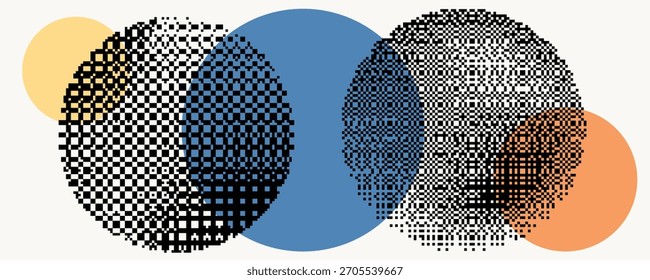 Retro dither circle composition for video. Vintage bitmap texture. Bit gradient circles for graphic layouts . Pixel gradients effect. 