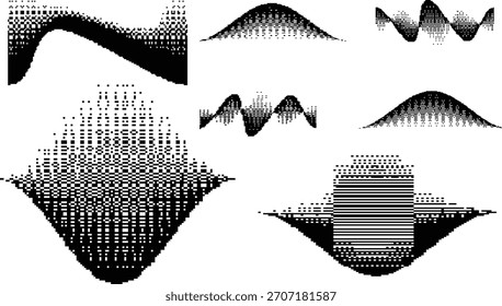 Video Conjunto de ondas de tramado retro para. Textura de mapa de bits de Antiguas. Colección de círculos de degradado de bits para diseños gráficos . Efecto Gradientes de píxeles
