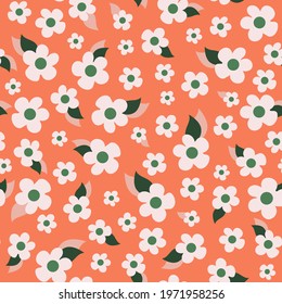 Retro ditsy daisy seamless repeat pattern. Random placed vector botany floral all over surface print.