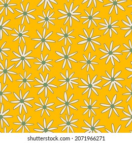 Retro ditsy daisy seamless repeat pattern. Hand drawn, 60s, vector millefleurs all over surface print on yellow background.