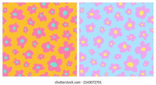 Retro ditsy daisy seamless repeat pattern. Set of random placed, vector flower power all over surface print.