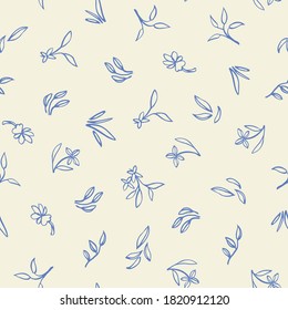 Retro Ditsy Floral All Over Pattern. Vintage Kitchen Folk Art Floral Design. Line Art Florals On Cream Colored Background. Country Style Nature Background. Perefect For Kitchen Ware, Wallpaper And