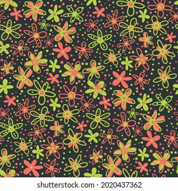 Retro ditsy scribbled doodle flower vector seamless pattern background. Dense millefleur style hand drawn florals on black backdrop. Orange, green, red 1970 vintage dense design. All over print.
