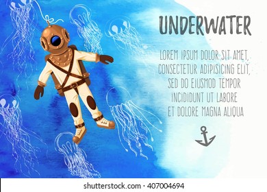 Retro diver and jellyfish