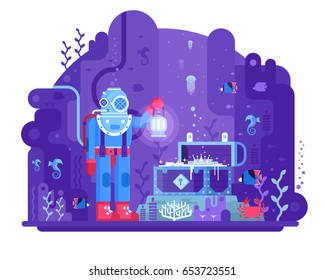 Retro Diver Standing On Seabed In Underwater World Finding Open Gold Chest. Sea Treasure Hunting Vector Illustration. Deep Diving Concept Scene With Aqualunger In Old Scuba Dive Suit On Coral Reef.