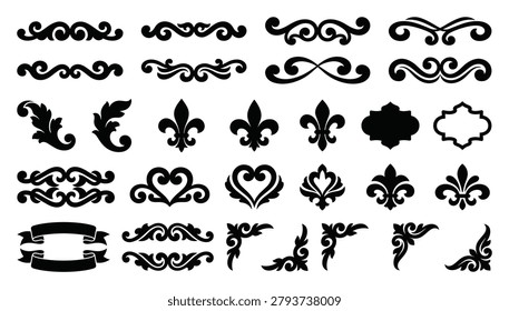 Retro divider vector collection features fleur de lis, hearts, frames, corners, and ribbons for ornate accents and borders.