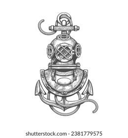 Retro diving helmet and anchor black sketch. Vintage engraving diver deep water slam with ship anchor nautical marine ropes isolated vector illustration