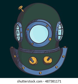 Retro diving helmet. Colored sketch
