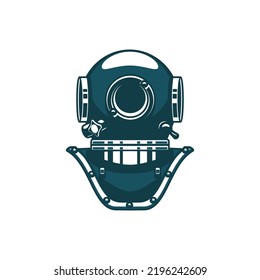 Retro diving old mask isolated icon. Vector old-fashion equipment to dive in. Copper and brass three bolt Soviet helmet. Standard free flow lightweight helmet, head protection to underwater divers