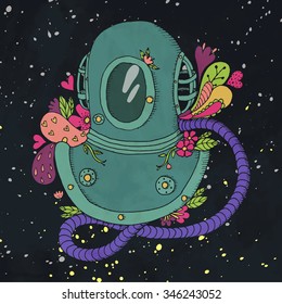 Retro diving suit with abstract elements and flowers. Space background. Vector illustration.