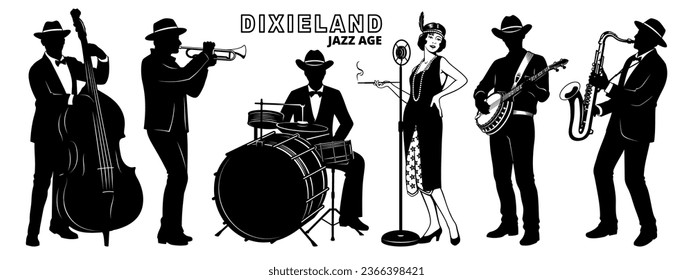 Retro Dixieland Jazz Band of 20s. Silhouettes Set. Flapper girl singing, men playing on double bass, saxophone, banjo, trumpet and drums. Vector cliparts isolated on white.