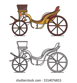 Retro dog cart or classic carriage, vintage open chariot, antique wedding wagon, medieval vehicle or calash, dog-cart or phaeton outline. Icon of cartoon cab. Victorian and coachman, wheel theme