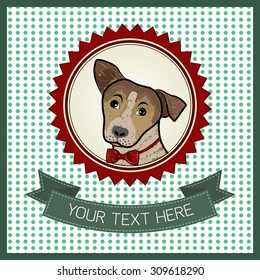 Retro dog certification poster with green ribbon for text. Vector illustration.