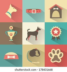 Retro dog icons set. Vector illustration for web, mobile application design. Pet animal silhouette. Profile canine head, full, collar, kennel, cup, medal, award, bowl of food, leash, bone, footprint.