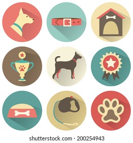 Retro dog icons set. Vector illustration for web, mobile application design. Pet animal silhouette. Profile canine head, full, collar, kennel, cup, medal, award, bowl of food, leash, bone, footprint.