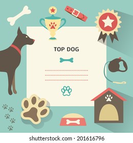 Retro dog template with profile canine full, collar, kennel, cup, medal, award, bowl of food, leash, bone, footprint. Vector illustration for web, mobile application design. Pet animal silhouette.