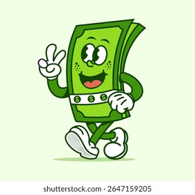 Retro dollar cartoon mascot illustration. Cute, colorful, and playful character perfect for finance themed design, sticker, or logo