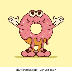Retro donut cartoon character. Colorful, fun, and playful design ideal for bakery themes, logos, stickers, and vintage style cartoon vector illustrations