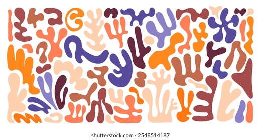 Retro Doodle Abstract Shapes in Matisse Style Isolated on White Background. Background with fluid doodle shapes. Organic random and geometric forms of flowers.