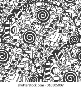 Retro doodle black and white background seamless pattern with candies, vector