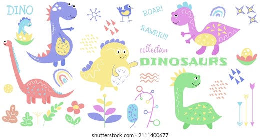 Retro doodle cartoon poster with colorful dinosaurs on white background for print design. White background. Cartoon illustration.
