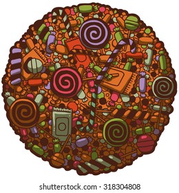Retro doodle color background pattern with candies, vector