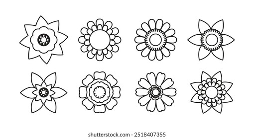 Retro doodle floral set. Linear drawing, vintage flowers for coloring book.	