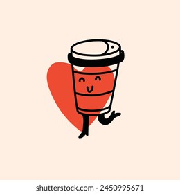 Retro doodle funny character coffee with heart poster. Vintage drink vector illustration. Latte, cappuccino, coffee cup mascot. Nostalgia 60, 70s, 80s.