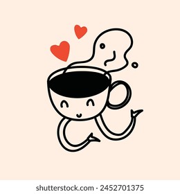Retro doodle funny character coffee with heart poster. Vintage drink vector illustration. Latte, cappuccino, coffee cup mascot. Nostalgia 60, 70s, 80s.