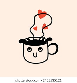 Retro doodle funny character coffee with heart poster. Vintage drink vector illustration. Latte, cappuccino, coffee cup mascot. Nostalgia 60, 70s, 80s.