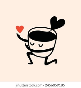 Retro doodle funny character coffee with heart poster. Vintage drink vector illustration. Latte, cappuccino, coffee cup mascot. Nostalgia 60, 70s, 80s.