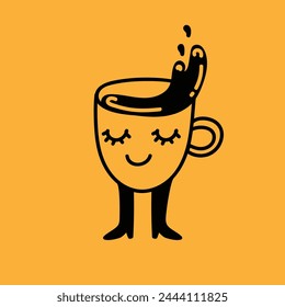 Retro doodle funny character poster. Vintage drink vector illustration. Latte, cappuccino, coffee cup mascot. Nostalgia 60, 70s, 80s. Print for cafe