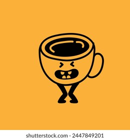 Retro doodle funny character poster. Vintage drink vector illustration. Latte, cappuccino, coffee cup mascot. Nostalgia 60, 70s, 80s. Print for cafe